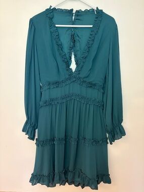Forest Green Ruffle Mini Dress Open Back Long Sleeve Boho Romantic L